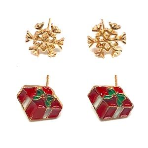 Christmas Gift Present Red Enamel and Gold Tone Snowflake Stud Earrings Bundle